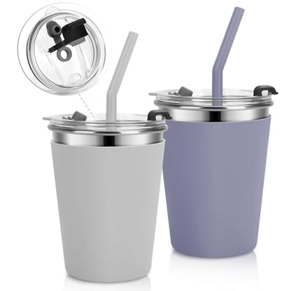 Stainless Steel Kids Cups with Lids, 12oz Spill Proof Cups, 2 Pack - color: Dark Gray, Gray
