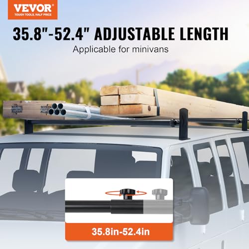VEVOR Van Roof Ladder Rack, 2 Bars Alloy Steel Roof Racks, 500 LBS Capacity Roof Rack, Adjustable Length 35.8"-52.4", Van Ladder Rack Compatible with Chevrolet Express, GMC Savana, etc, Drilling Mount - size: for Minivans