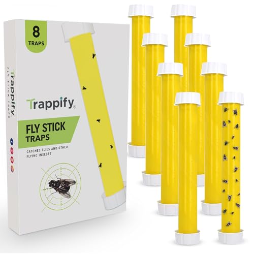 Trappify Hanging Fly Trap & Fruit Fly Traps for Indoors, Yellow, 8 Pack | Recycled Paper Stick with Ultra-Tacky Adhesive and Bait Cup, Hangs in Kitchens, Patios, Barns, Catches Flies and Gnats - size: Pack 8