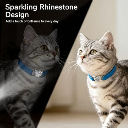 BINGPET Diamond Cat Collar with Bell, Adjustable Kitten Collar, Blue - color: Blue(Heart), size: Neck Girth 8"-10"