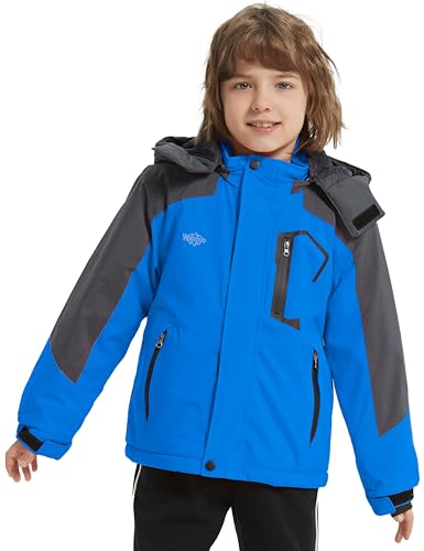 Wantdo Boy's Waterproof Ski Jacket Fleece Snowboarding Jackets Warm Thick Winter Coat Hooded Raincoats - color: Blue, size: 10-12