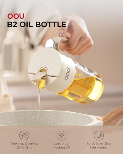 OOU B2 Oil Dispenser Bottle, 20oz/600ml Borosilicate Glass Olive Oil Bottle with One-Step Pop-Up Lid, One-Hand Pour Control, Leak-Resistant Silicone Seal, Stainless Steel Spout & 304 Filter, Off-White