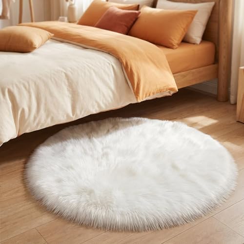 duduta White Faux Fur Sheepskin Round Rug 4x4 ft, Fluffy Shag Circle Rug - color: White, size: 4' x 4'