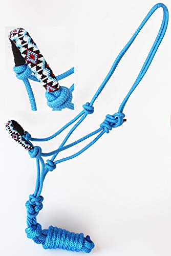 CHALLENGER Nylon Horse Braided Rope Halter Beaded Noseband Lead Rope 606RT - color: Blue Multicolor