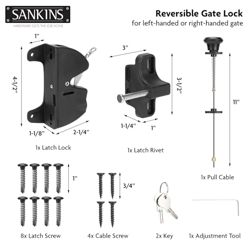 Key Lockable Fence Gate Latch, 2 Sided Gate Lock Latch for Outdoor Fence, Keyed Fence Lock Latch with Spring Loaded Pull Cable, Fence Latch Gate Hardware for Wood, Vinyl, Metal Gates, Black