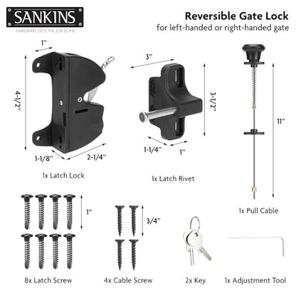 Key Lockable Fence Gate Latch, 2 Sided Gate Lock Latch for Outdoor Fence, Keyed Fence Lock Latch with Spring Loaded Pull Cable, Fence Latch Gate Hardware for Wood, Vinyl, Metal Gates, Black