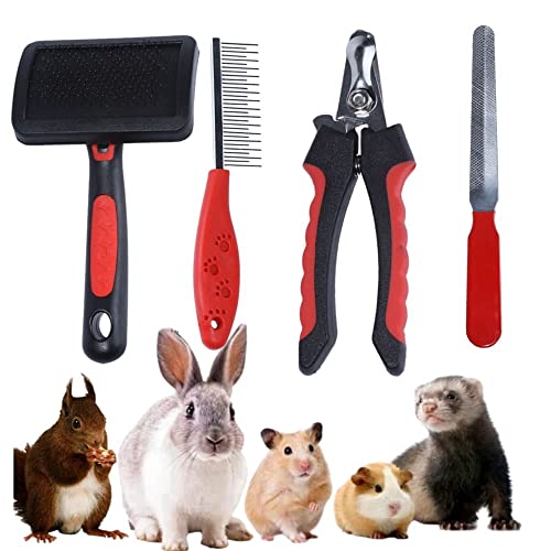 Rabbit Professional Nail Clippers Grooming Kit with Pet Shedding Slicker Brush, Pet Grooming Comb, Nail Clipper Trimmer for Rabbit, Puppy, Kitten, Guinea Pig, Hamster, Ferret (4PCS)