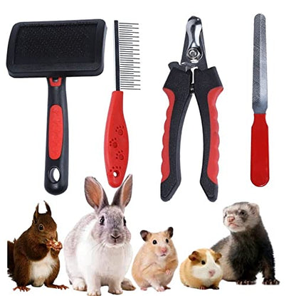 Rabbit Professional Nail Clippers Grooming Kit with Pet Shedding Slicker Brush, Pet Grooming Comb, Nail Clipper Trimmer for Rabbit, Puppy, Kitten, Guinea Pig, Hamster, Ferret (4PCS)