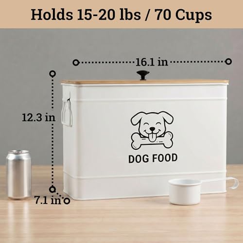 Metal Dog Food Container 15-20 lbs w/ Airtight Bamboo Lid, 70 Cup Capacity - color: White