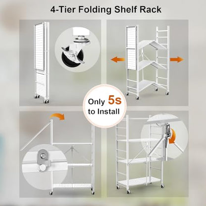 Himix 4-Tier Foldable Metal Storage Shelf with Wheels Kitchen White - color: White, size: 4-Tier