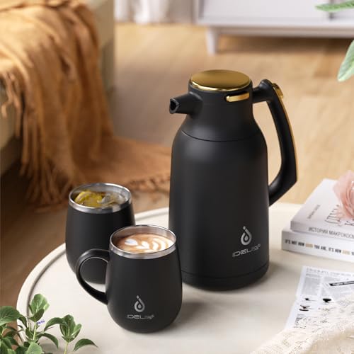 IDEUS Thermal Coffee Carafe 68oz, Beverage Dispenser Black-Gold | Stainless Steel Double Wall Vacuum Insulation Creamer Pitcher Water Jug Coffee Server, Coffee Carafe for Keeping Hot and Cold - color: Black-Gold, size: 68 Ounces