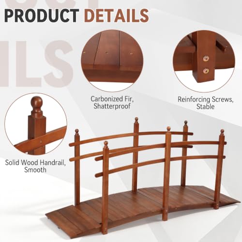 Outvita 7.5Ft Stained Wooden Garden Bridge with Safety Rails - size: 7.5ft-dark brown