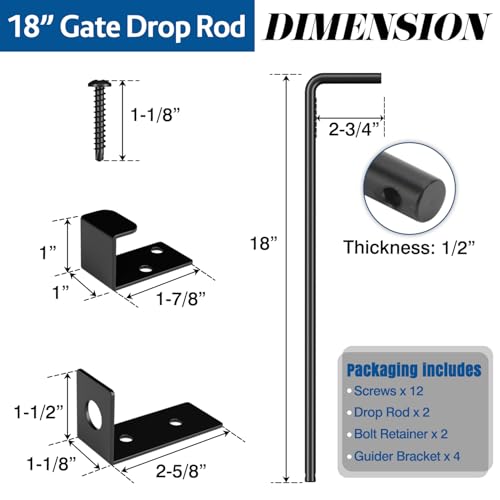 Heavy Duty Cane Bolt Gate Drop Rod, 18" Black Gate Latches Hardware for Wood Fence/Metal/Vinyl/Double Gates, Outdoor Gate Ground Latch Drop Rod with Mounting Screws, 2 Pack - size: 18 Inch