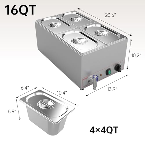 Valgus Commercial Stainless Steel 4 Sections Bain Marie Food Warmer 16 Qt - size: 4 Sections with Tap