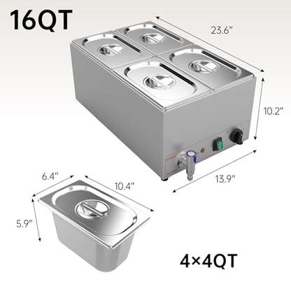 Valgus Commercial Stainless Steel 4 Sections Bain Marie Food Warmer 16 Qt - size: 4 Sections with Tap