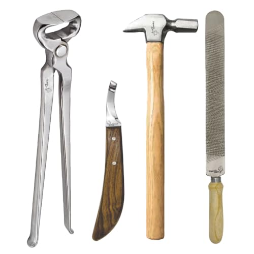 Horse Hoof Care Kit 4 PCS – Professional Farrier Set with 14" Hoof Nippers, Rasp, Knife & Wood Hammer |Hoof Trimming & Cleaning Tools