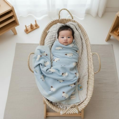 Knit Baby Swaddle Blanket for Boys - 100% Cotton Soft Cozy Lightweight Receiving Swaddling Stroller Quilt Blanket for Newborns Infants Toddlers (Sheep - Baby Blue) - color: 04 - Sheep - Baby Blue