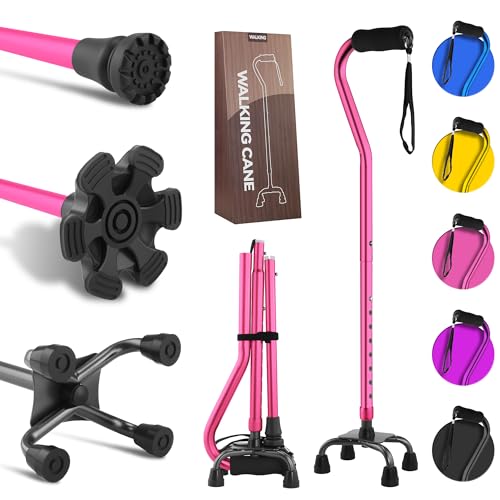 LIXIANG Walking Canes Stablize Women Quad Canes for Seniors & Adults Foldable Adjustable for Men & Women Heavy Duty Freestanding Cane for People with Leg Injuries 3 footings - color: Light Pink