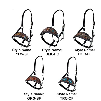 Majestic Ally Equestrian Designer Bronc Halter for Horses, Hand-Tooled Leather Nose, Padded Nylon Crown and Noseband - style: Leaves and Flowers