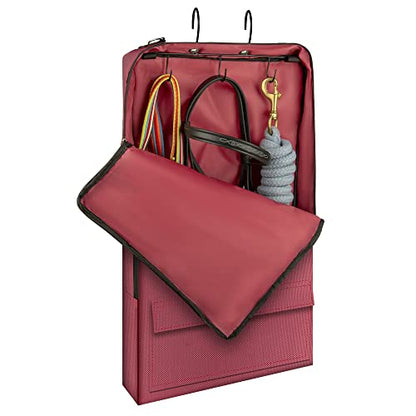 Horse Bridle Bag, Horse Tack Carry Bag with 3 Prong Tack Rack for Halters, Bridle, Harness, Equestrian Reins, Bits and Headstalls (Wine Red)