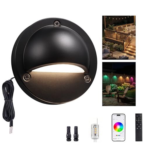 Low Voltage RGBCW Black Deck Light, 12V Bluetooth Mesh Smart Outdoor Landscape Lighting with App & Remote Control, Replaceable G4 Bulb, IP65 Waterproof Aluminum for Step Stair Fence, 1 Pack - color: Black-RGBCW (Wiring Required), size: 1 Pack