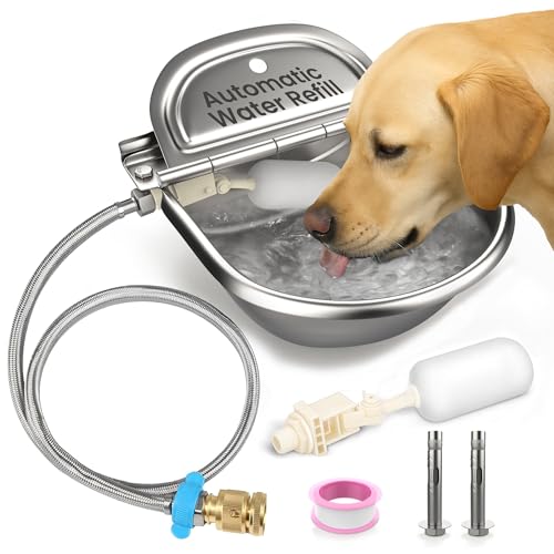 Automatic Animal Drinking Water Bowl with 2 Float Valves-304 Stainless Steel Automatic Water Dispenser for Dogs & Farm Animals, Auto-Refill, Leakproof Drain Hole, Extra Long 100cm Hose
