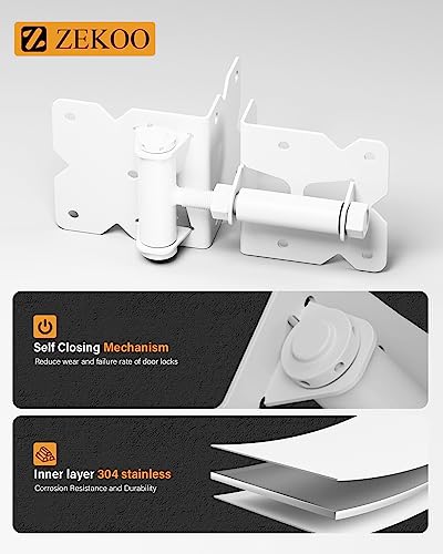 ZEKOO Stainless Steel Gate Hardware Kit, Self Closing Gate Hinges and Latch | Rust Proof, Use for Vinyl Fence Gate and Wood Fences Gate, Heavy Duty 2 Gate Latches 4 Gate Hinges (White) - color: White Two Set