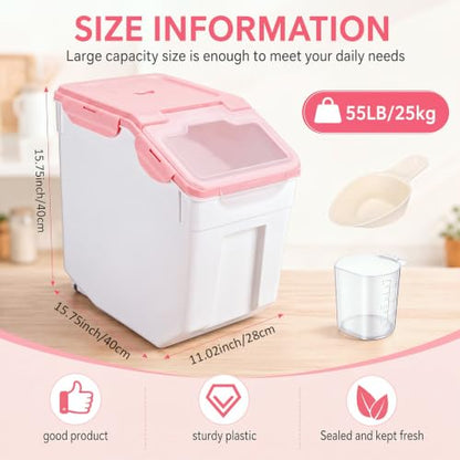 Sunnyray 4 Pcs 55 Lbs Rice Flour Storage Bins with Wheels, Pink - color: Pink, size: 55 lbs