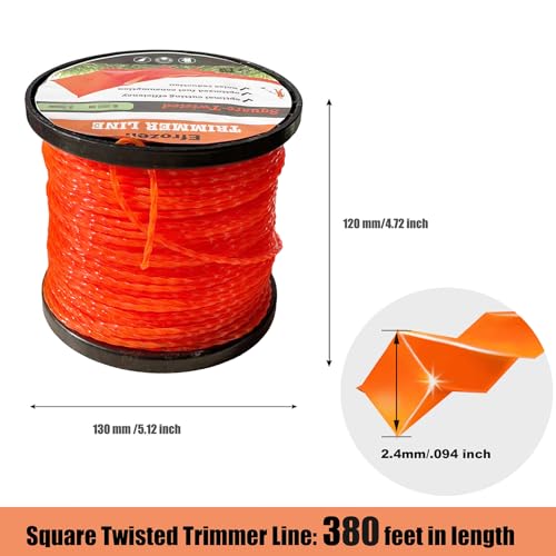 String Trimmer Line .095-Inch, 381 Feet of Orange Square Twisted Heavy Duty Weed Eater String, Premium Commercial Weed Wacker String Spool Replacement - size: 381FT x .095 in