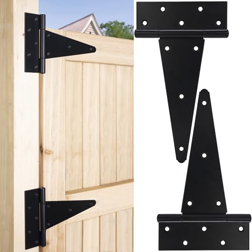 10 Inch T-Strap Gate Hinges, Heavy Duty Shed Barn Door Hinges, Black Tee Hinges for Wooden Fence, Yard Gate, Wrought Hardware Iron Rustproof (2 Pack) - size: 10 Inch