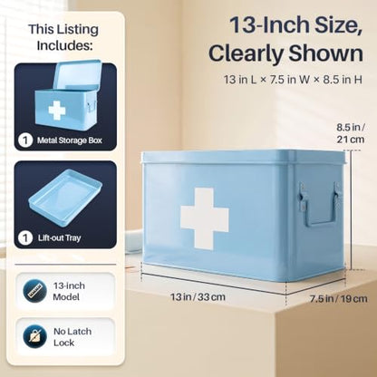 Flexzion Large Metal First Aid Box Empty, 13-Inch, Blue with White Cross - color: Blue, size: 13 Inch without Latch Lock