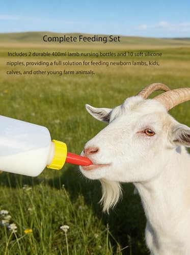 Goat Feeding Bottle Set, 400 ml Heavy-Duty Plastic Lamb Feeding Bottle, 2 Pack with 10 Silicone Nipples, Nursing Bottle for Lambs, Goats, Calves