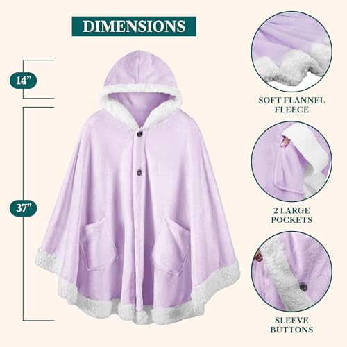 PAVILIA Hooded Blanket Poncho for Women, Fleece Wearable Shawl Wrap, Purple | Fleece Shawl Wrap with Hood, Adult Wearable Blanket, Cozy Warm Poncho Cape Throw with Pockets, Gift for Elderly Mom - color: Purple