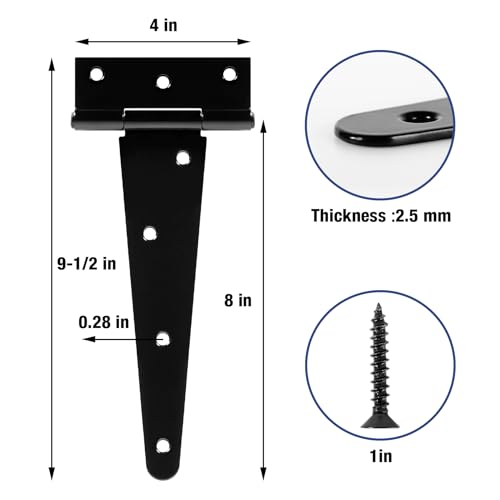 TDCHINGES T Strap Black Gate Door Hinges 8 Inch for Barn Shed 2.5mm 2 Pack - size: 2Pack-8inch