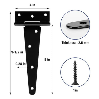 TDCHINGES T Strap Black Gate Door Hinges 6 Inch for Shed Barn 2.5mm 4 Pack - size: 4Pack-8inch