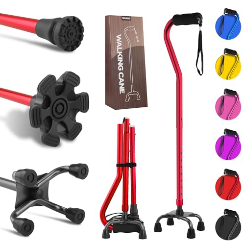 LIXIANG Walking Canes Stablize Women Quad Canes for Seniors & Adults Foldable Adjustable for Men & Women Heavy Duty Freestanding Cane for People with Leg Injuries 3 footings - color: red1