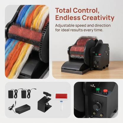 Electric Wool Carding Machine, Wool Felt Drum Carder, with Brush & Awl, Foot Pedal, Remove Fiber Impurities, Fast Color Mixing Wool Blending Wheel, for Fluffy, Plush Crafts