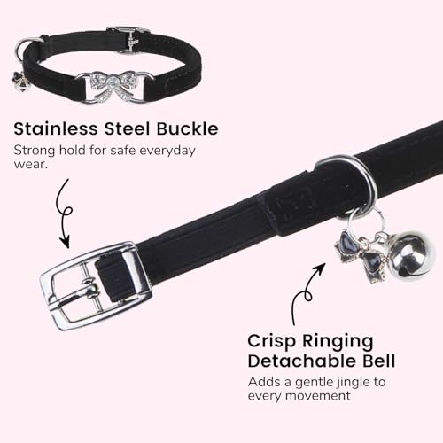 BINGPET Diamond Cat Collar with Bell,Adjustable Kitten Collar,Black - color: Black(Bowknot), size: Neck Girth 8"-10"