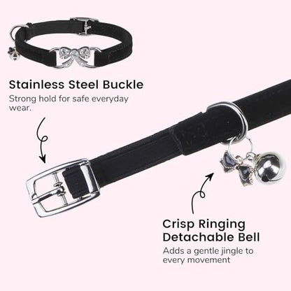 BINGPET Diamond Cat Collar with Bell,Adjustable Kitten Collar,Black - color: Black(Bowknot), size: Neck Girth 8"-10"
