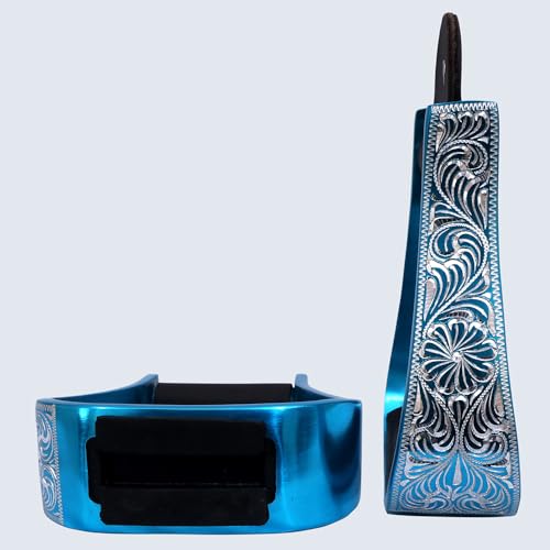 HILASON Western Aluminum Horse Riding Stirrups – Engraved Floral Design with Rubber Tread - color: Turquoise