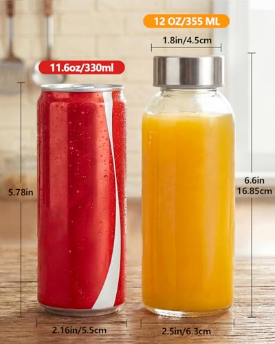 Zukro Glass Water Bottles with Stainless Steel Lids 12 oz, Set of 12 | Airtight, BPA Free 100% Leak Proof Reusable Clear Juice Bottles for Juicing, Smoothie, Milk, Drinking Jar Dishwasher Safe