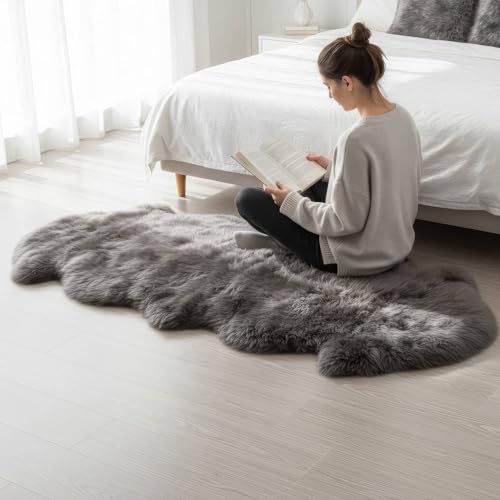 Premium Gray Sheepskin Rug Genuine Fur Bedside Runner 2x6ft - Great for Soothing Feet - Ethically Sourced Sheep Fur Rugs - Sheepskins Wool Runner - color: Grey, size: 2' x 6' (Natural)