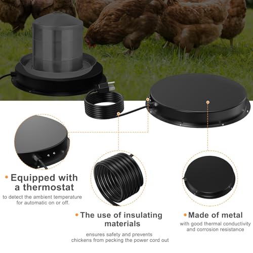 Chicken Water Heater for Winter, 15" Waterer Heated Base for 1-8 Gallon Metal Plastic Poultry Water, 110 Watt Heated Poultry Waterer with Thermostat for Chicken Duck Pigeon