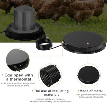Chicken Water Heater for Winter, 15" Waterer Heated Base for 1-8 Gallon Metal Plastic Poultry Water, 110 Watt Heated Poultry Waterer with Thermostat for Chicken Duck Pigeon