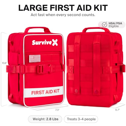 SurviveX Large First Aid Kit, Emergency Kit for 3-4 People | Labeled Pockets, Zip Stitch Wound Closures, Mountable, Quick Access, For Home, Car, Camping - size: Large