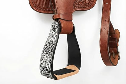 CHALLENGER Horse 5" Black Aluminum Engraved Slanted Offset Western Horse Saddle Stirrups 51220