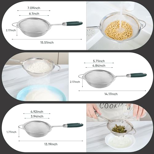 18/10 Stainless Steel 40 Mesh Strainer Set for Rice, Flour & Tea - color: Green