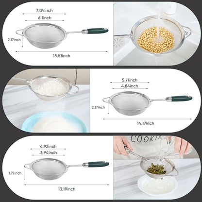 18/10 Stainless Steel 40 Mesh Strainer Set for Rice, Flour & Tea - color: Green