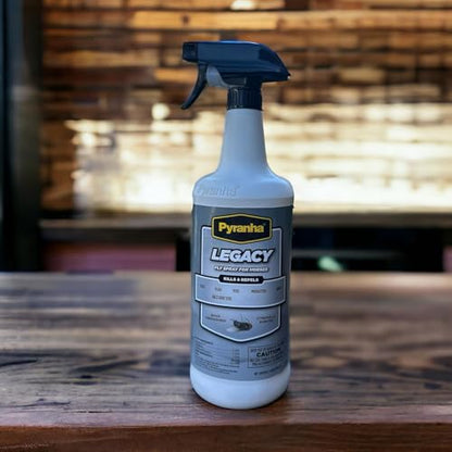 PYRANHA Legacy Fly Spray for Horses - Water-Based Long Lasting Fly Control Repels Horn, Deer, Horse, House, Stable, & Face Flies, Ticks, Mites, Mosquitoes, Gnats & Lice, 1 Quart - size: 1 Quart