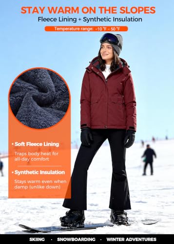 wantdo Women's Waterproof Ski Jacket Warm Fleece Lined Snow Winter Coat | 10000mm Waterproof Snowboard Jacket for Skiing, Hiking, Commute, Removable Hood, 6 Pocket, Windproof Warm -10°F to 50°F - color: Red, size: Medium